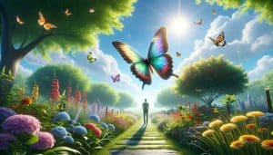 AI-generated image showcasing a person observing a butterfly mid-flight within a vibrant garden, viewed from behind amidst a floral setting under a sunny sky.