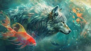 pisces spirit animal of a wolf and fish underwater