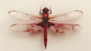 red dragonfly symbolic and laying on white background