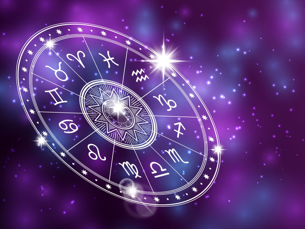 Horoscope circle on shiny backgroung - space backdrop with white astrology circle