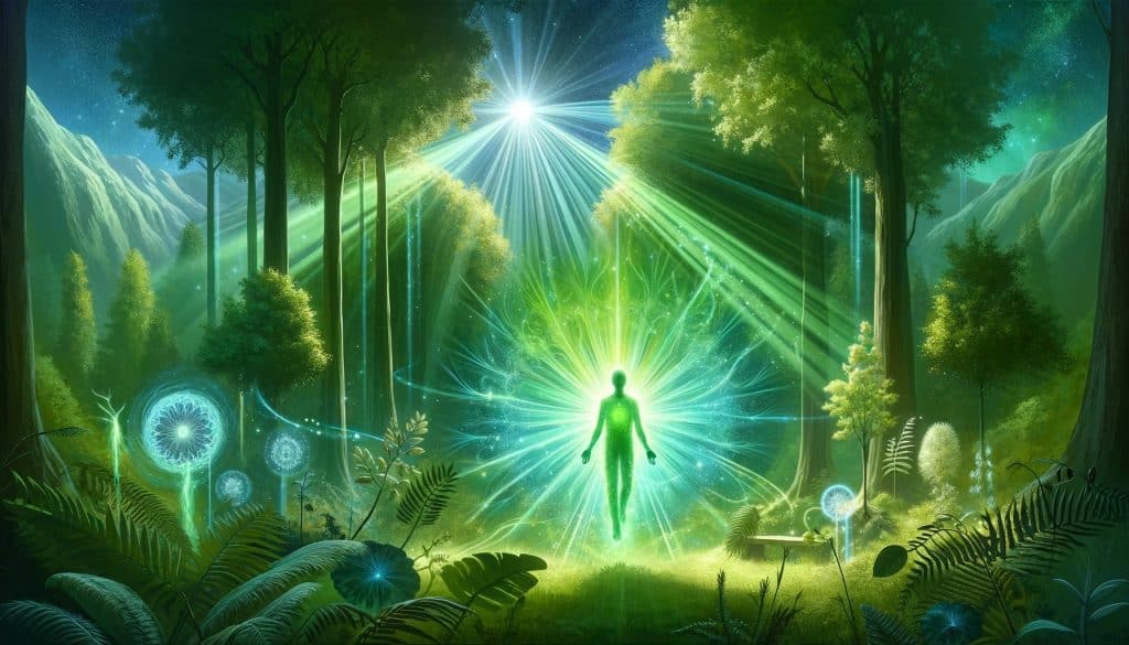 AI-generated image of a person enveloped by a multi-shaded green aura, standing amidst a verdant forest, embodying harmony, renewal, and the spirit of personal transformation.