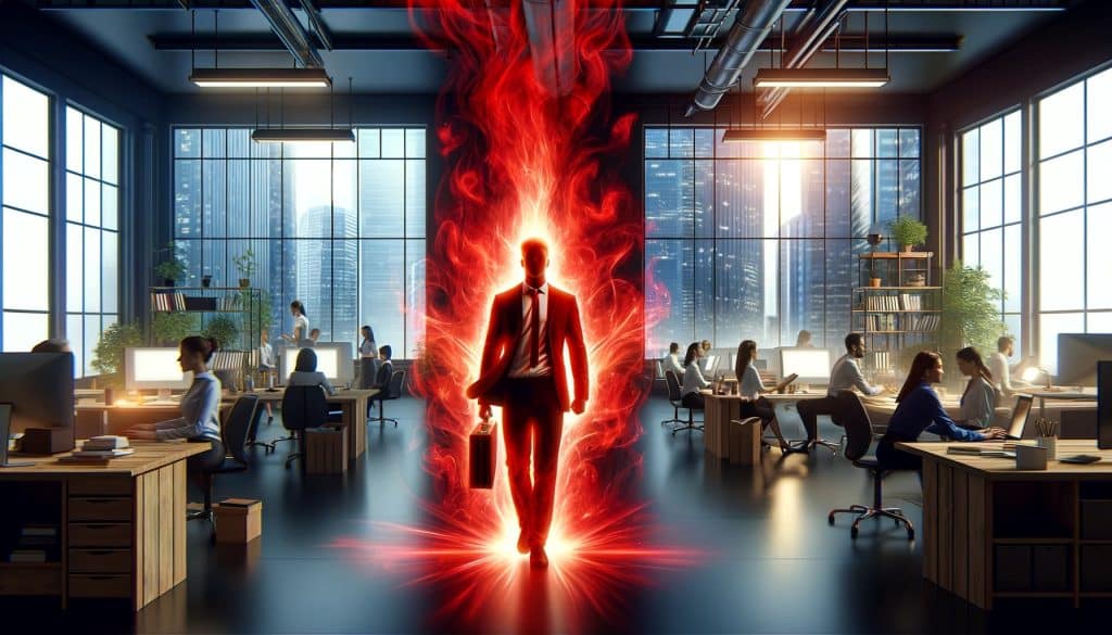 AI-generated image depicting a professional exuding a red aura in an office setting, embodying leadership and passion amidst a backdrop of energetic and driven colleagues, highlighting the aura's positive impact on creativity, determination, and success.