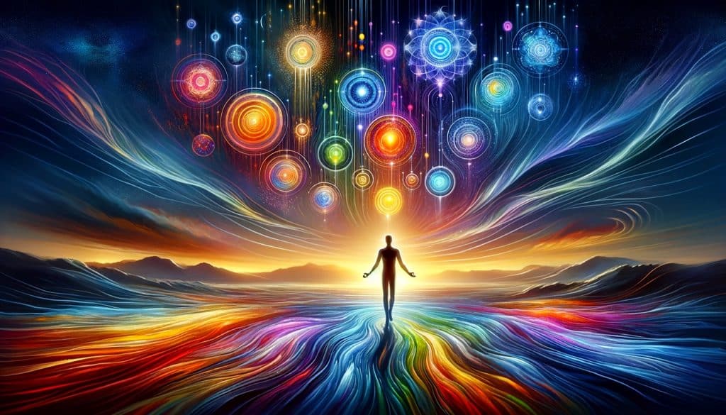 AI-generated image of a serene, mystical landscape at twilight with a silhouetted figure in the foreground, arms raised, surrounded by swirling patterns of vibrant aura colors. The sky transitions from soft orange to deep indigo, embodying the spectrum of aura colors for psychic exploration and emotional healing.