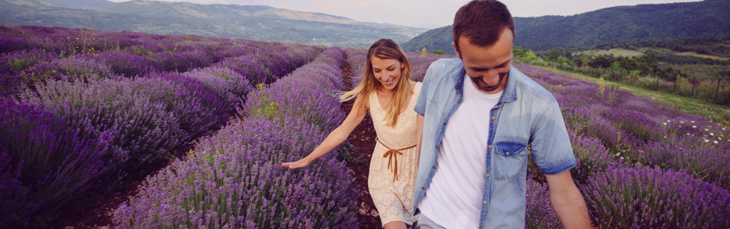 couple holding hands orchid field.