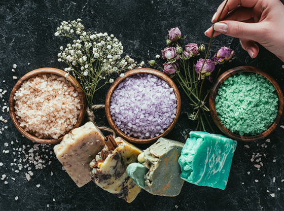 handmade soaps and bath salts with flowers