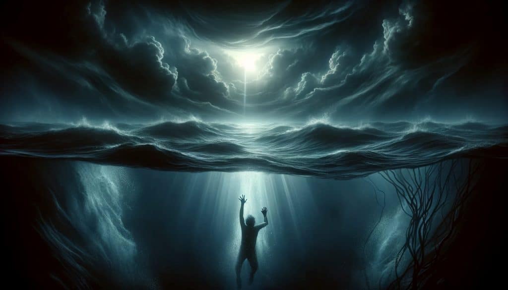 An AI-generated image of a person submerged in a vast, dark ocean, reaching towards a faint light, visually represents dreams about drowning and the struggle for survival amidst subconscious fears.