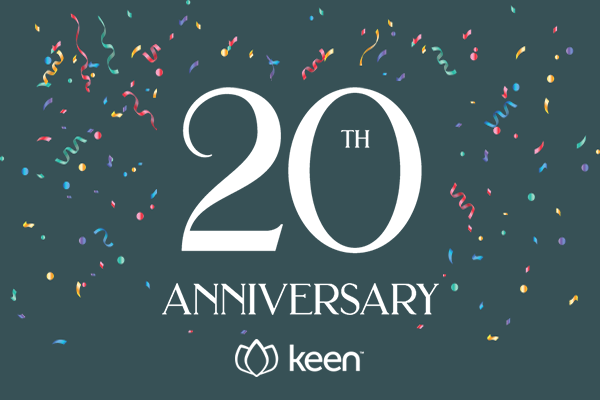 graphic design with "20th Anniversary" text and Keen logo