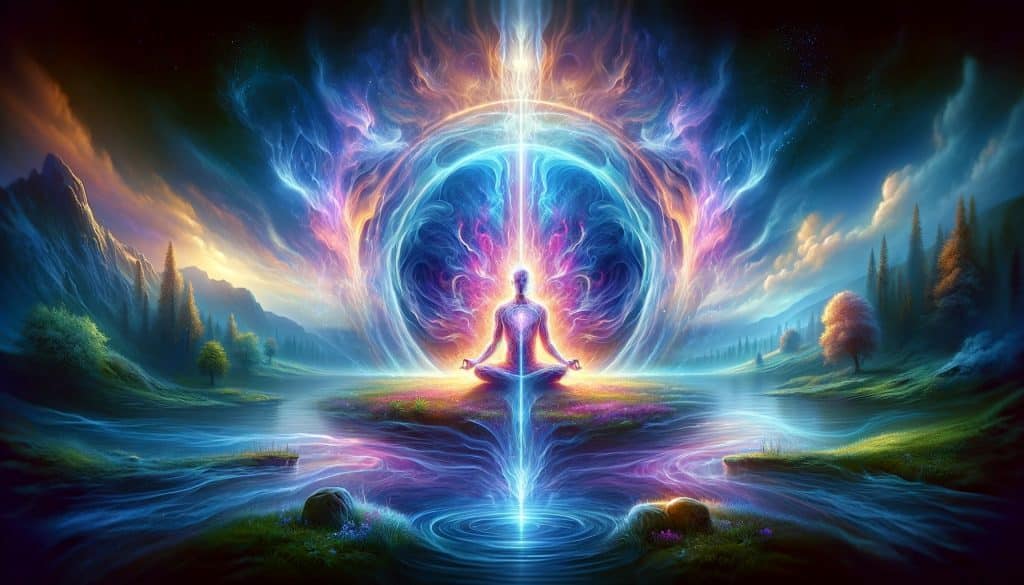 AI-generated image of a person meditating in nature, surrounded by a glowing aura transitioning from soft blues to vibrant purples, symbolizing aura cleansing amidst a tranquil setting with flowing water and lush greenery.
