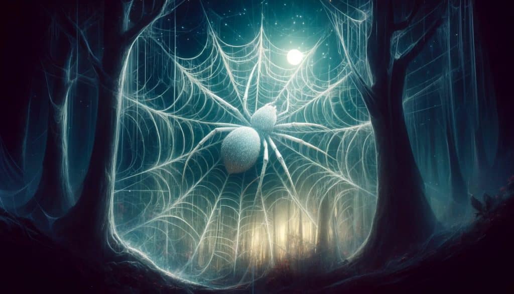 AI-generated image of a mystical, moonlit spider web with a large, ethereal spider in a shadowy forest, symbolizing dreams about spiders.