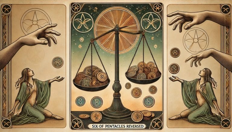 Six of Pentacles Reversed tarot card illustration showing imbalance and financial stress