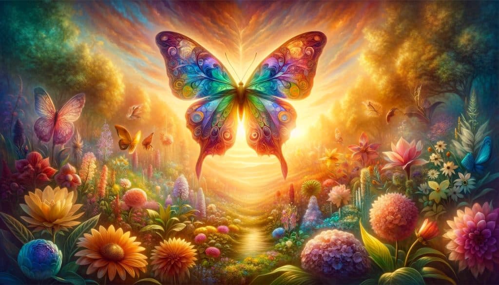 AI-generated image depicting the meaning of the butterfly with a vibrant, ethereal butterfly hovering over a colorful garden at dawn, symbolizing transformation, freedom, and spiritual awakening amidst a landscape that promises renewal and growth.