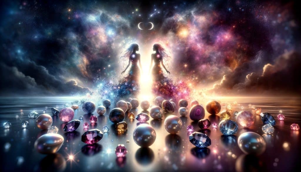AI-generated widescreen image of the Gemini Twins silhouette against a cosmic backdrop, surrounded by glowing Gemini birthstones like pearls, moonstones, and alexandrite, symbolizing the sign's intellectual, versatile, and communicative nature.