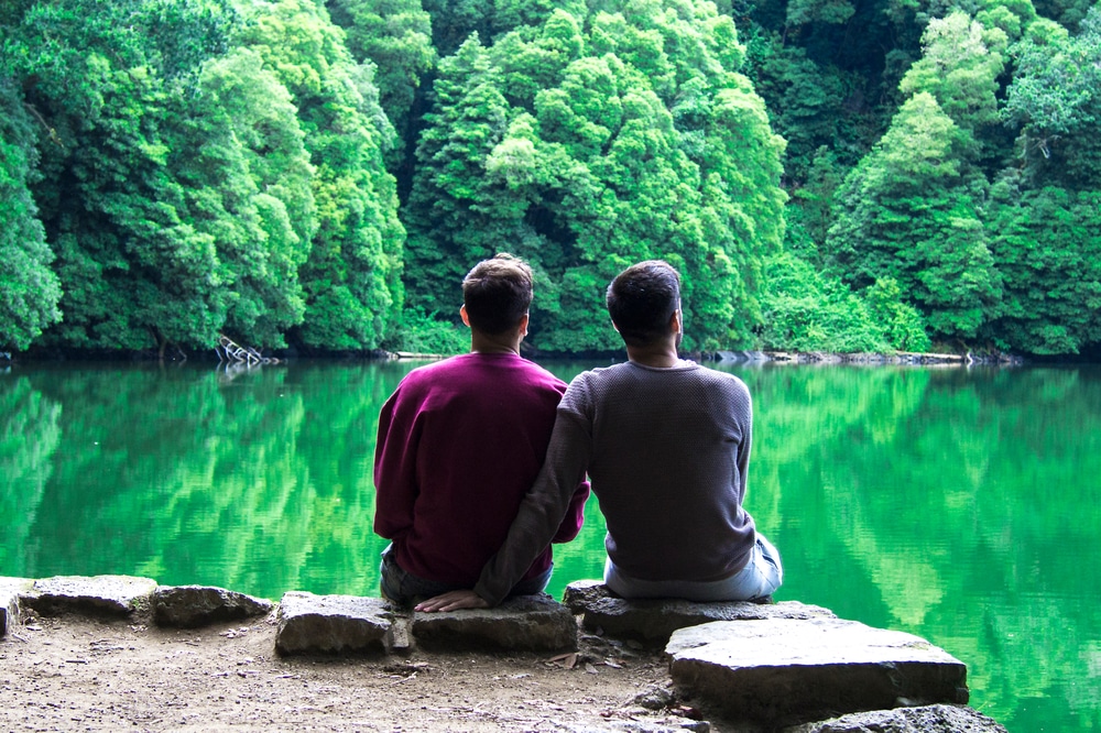 Rear view of a male couple sitting by the lake and looking up at the trees