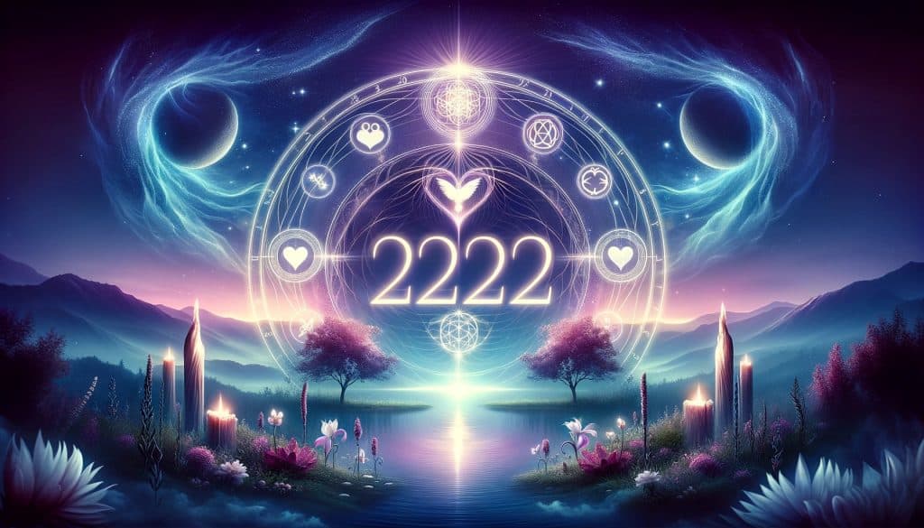 AI-generated image of the number 2222 centered in an ethereal landscape transitioning from twilight blues to cosmic purples, surrounded by symbols of love, twin flames, and personal growth.