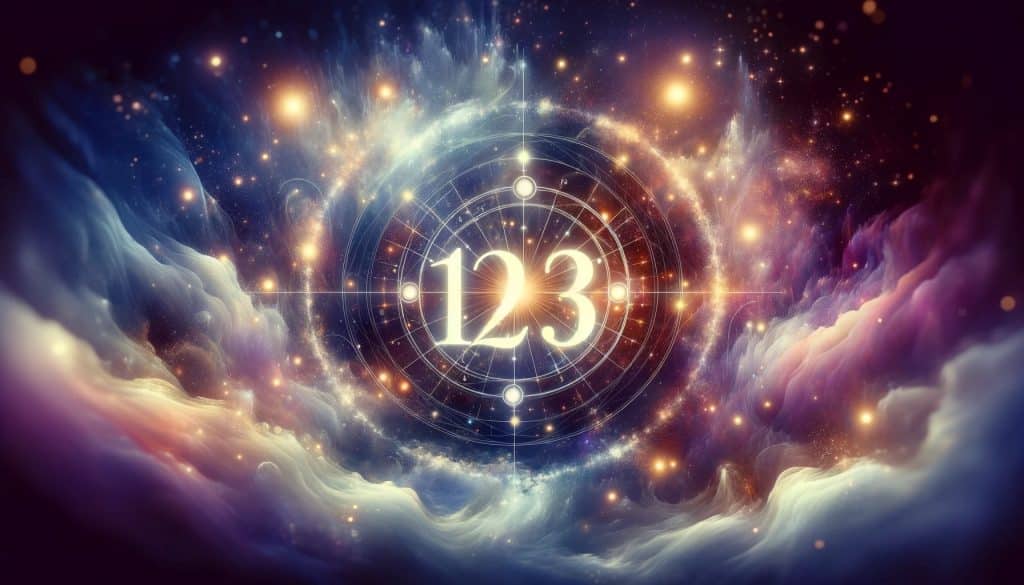 AI-generated image of a tranquil and mystical setting with angel number 123 highlighted in an elegant font amidst a backdrop of celestial symbols and soft glowing nebula textures in hues of blue, purple, and gold, symbolizing spiritual enlightenment and growth.