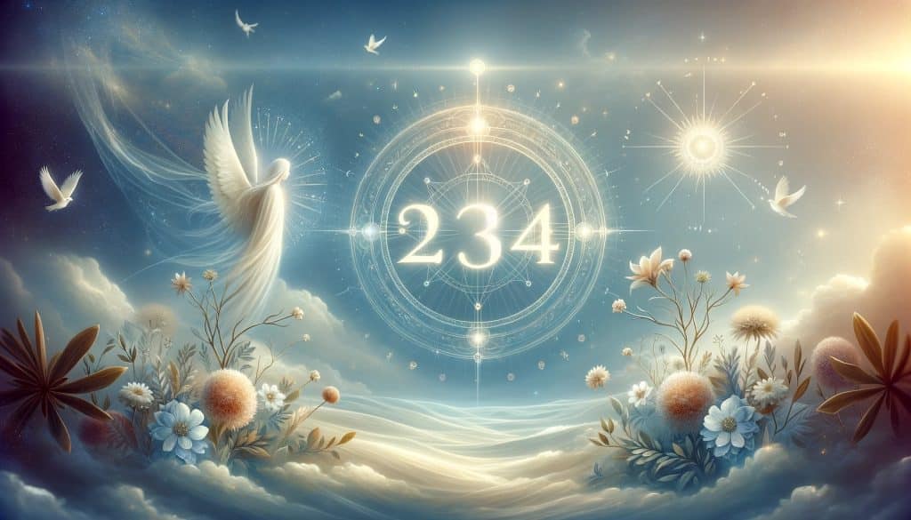 AI-generated image featuring a celestial landscape with the angel number 234 prominently displayed, surrounded by blooming flowers and a soft sunrise in soothing blues, whites, and golden hues, symbolizing peace and spiritual enlightenment.