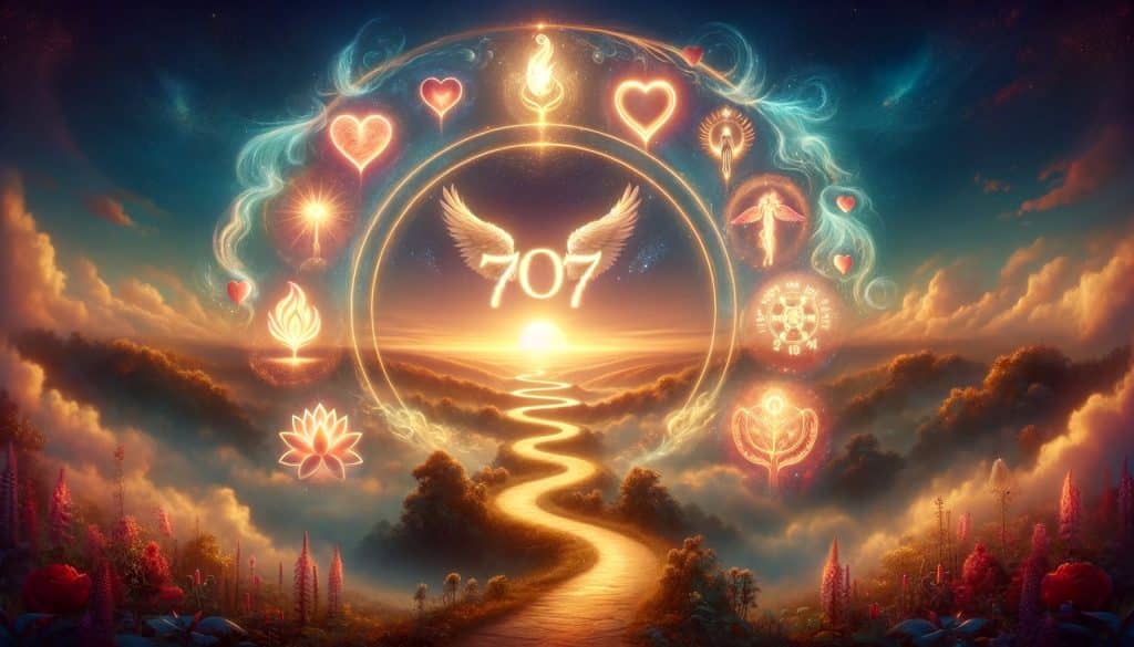 AI-generated image of a dawn landscape with 'seven hundred seven' in glowing script, surrounded by symbols of love, career, and spirituality, symbolizing guidance and transformation.