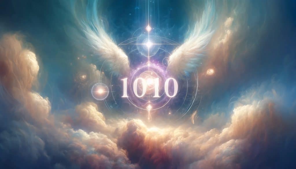 AI-generated image of a heavenly scene showcasing the angel number 1010, surrounded by faint outlines of angel wings and radiant beams of light, set against a backdrop of soft, pastel blue clouds, evoking a spiritual atmosphere.
