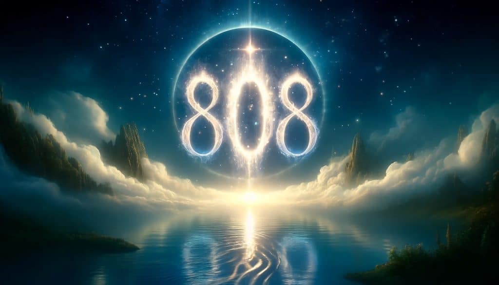 AI-generated image of a serene landscape under a celestial sky with the glowing angel number 808 prominently displayed above a tranquil body of water, symbolizing spiritual guidance and abundance.