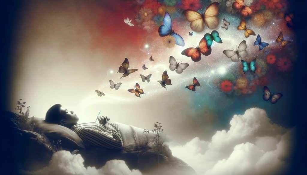 AI-generated image depicting a tranquil dream with colorful butterflies.