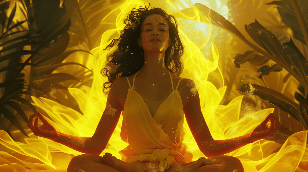 AI generated image of woman meditating, in the style of realistic hyper-detailed portraits, dreamlike illustrations, 8k resolution, arabesque, authentic expressions, glistening, yellow aura, sacral chakra